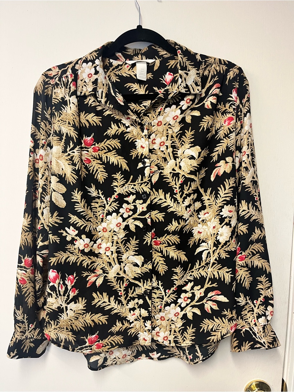H&M Floral Button Front Blouse Women’s Small Black Long Sleeve Collared Shirt